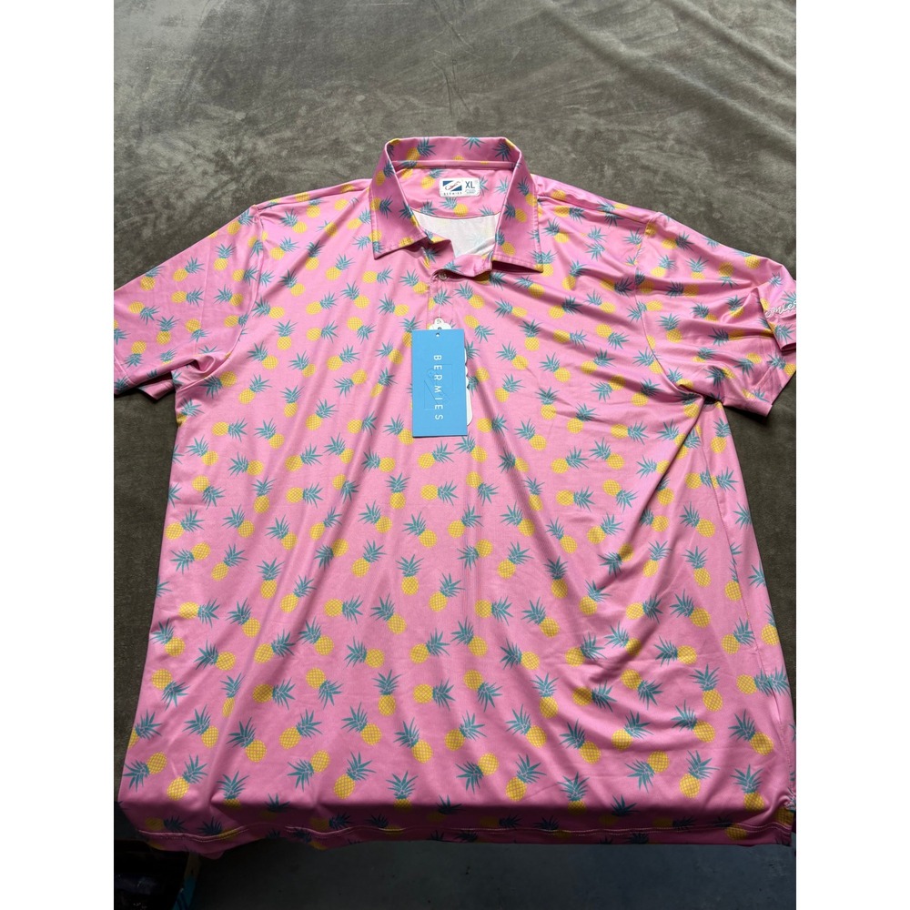 BERMIES Mens Pink Pineapple Print‎ Golf Polo Shirt Size XL